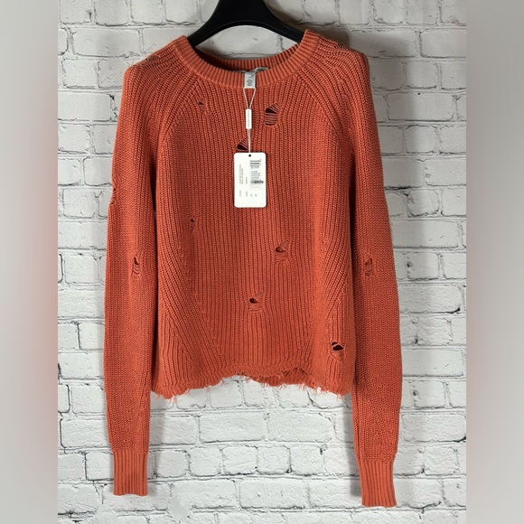 Cotton By Autumn Cashmere Distressed Scallop Shaker Sweater In Papaya, XS - Picture 5 of 9